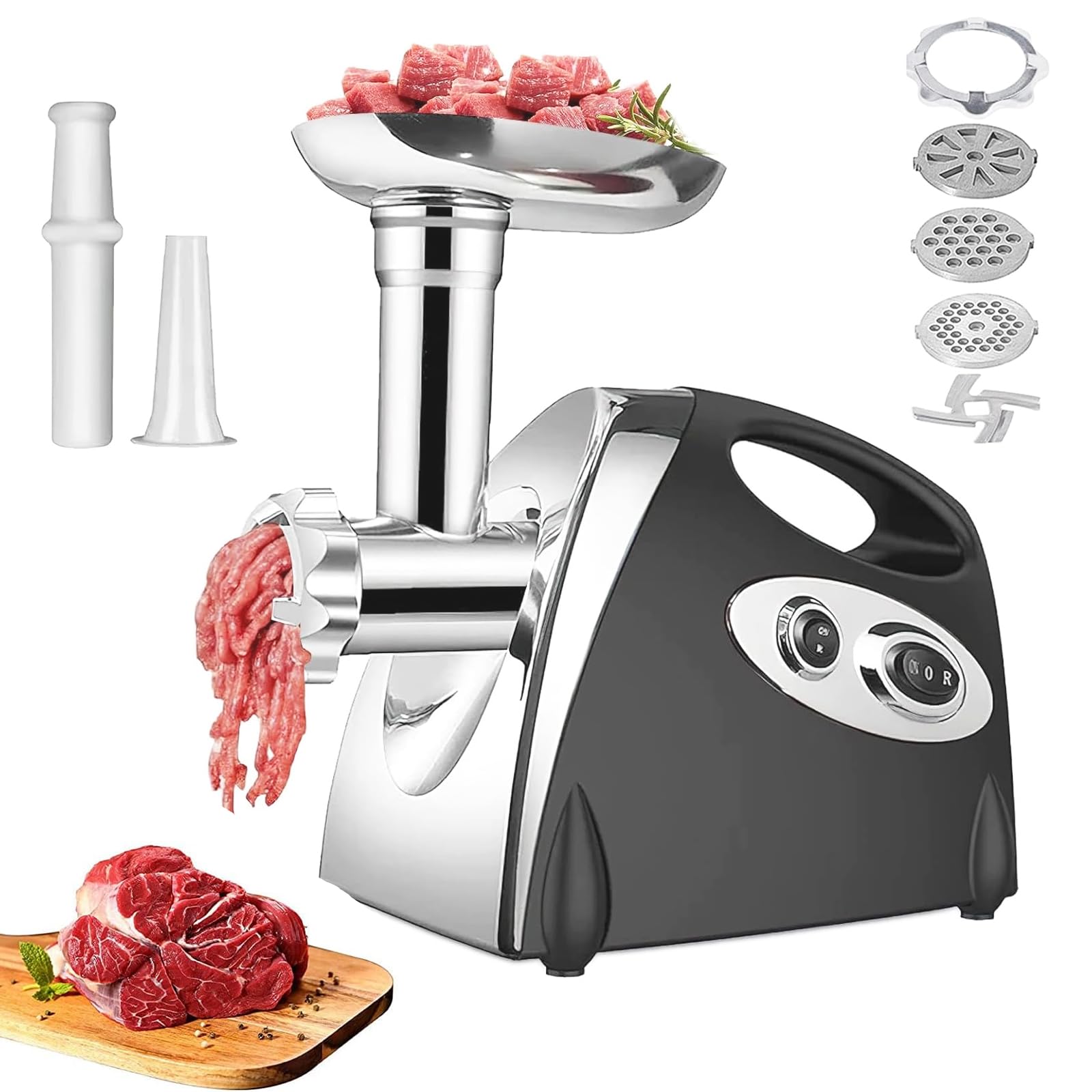 Tritacarne elettrico, 2800 W, con insaccatrice e 3 piastre di macinatura, in acciaio inox