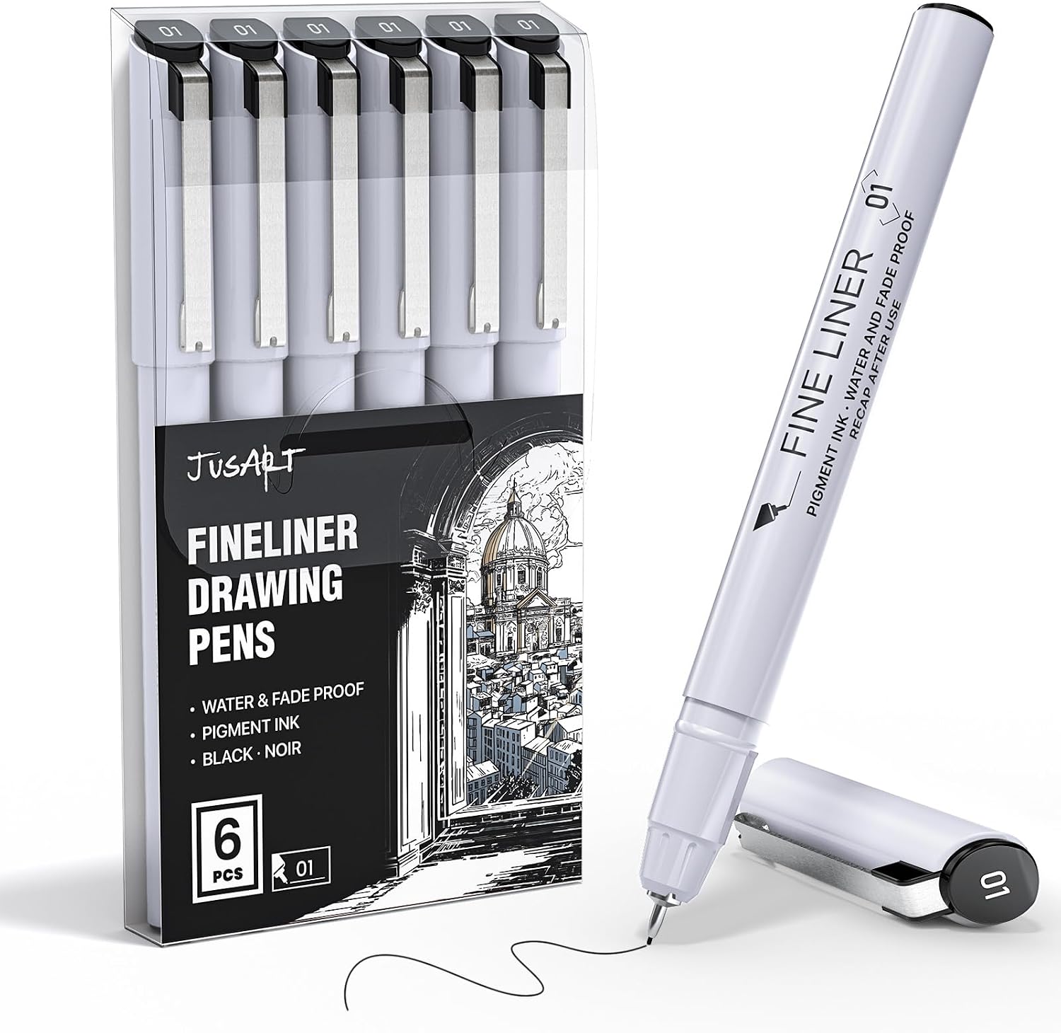 JusArt Fineliner Pens, 6 Pcs, 0.25mm Ultra Fine Point Pens 01, No Bleed, Waterproof Black Pigment Ink Pens for Artists, Beginners, Illustration, Writing, Journaling, Crafters, Technical Drawing Pens