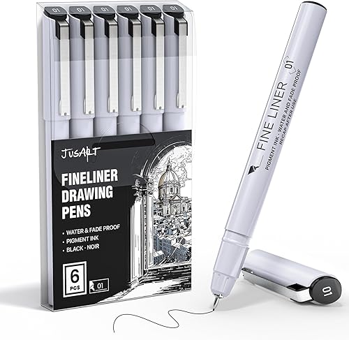 JusArt Bolígrafos Fineliner, 6 unidades, 0.010 in, punta ultrafina 01, sin corcho, bolígrafos de tinta negra impermeables para artistas