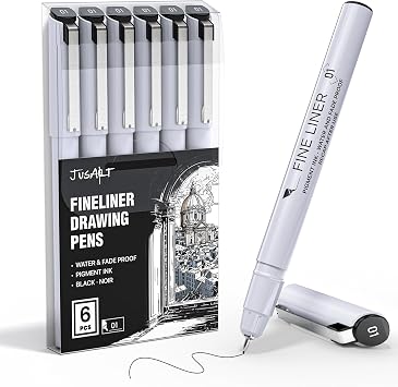 JusArt Fineliner Pens, 6 Pcs, 0.25mm Ultra Fine Point Pens 01 No Bleed | Waterproof Black Pigment Ink Pens for Artists, Beginners, Illustration, Writing, Journaling, Crafters, Technical Drawing Pens