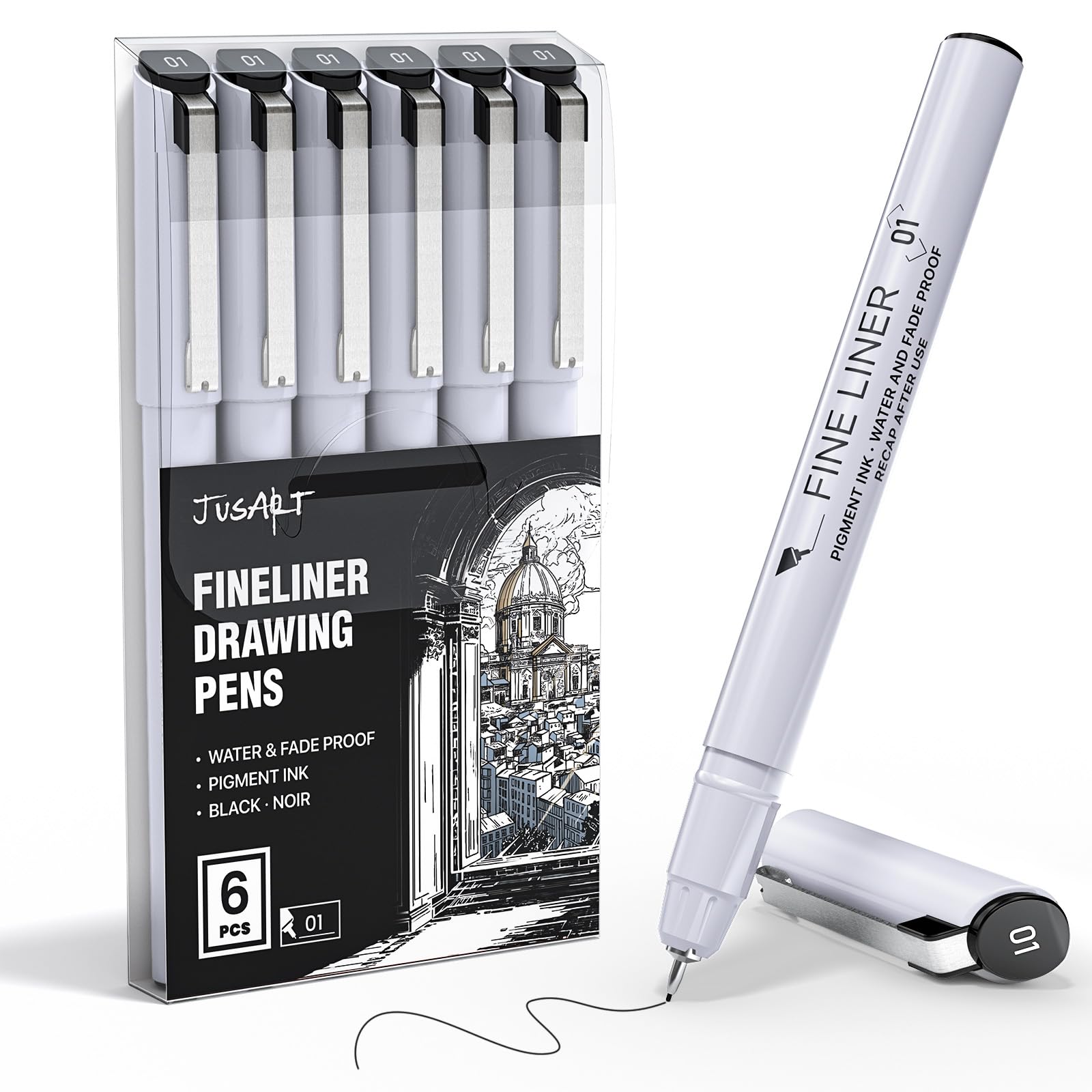 JusArt Fineliner Pens, 6 Pcs, 0.25mm Fine Point, No Bleeding, Waterproof Black Pigment Ink Pens for Illustration, Technical Drawing, Writing, Journaling, Crafters and Art Projects