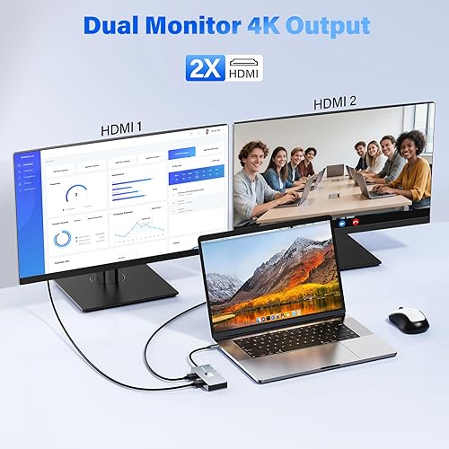 Miniatura 3 de Estación de acoplamiento USB C 7 en 1 con monitor doble, concentrador USB-C con 2 puertos HDMI, 3 USB 3.0, 1 puerto de datos tipo C, 100 W PD,