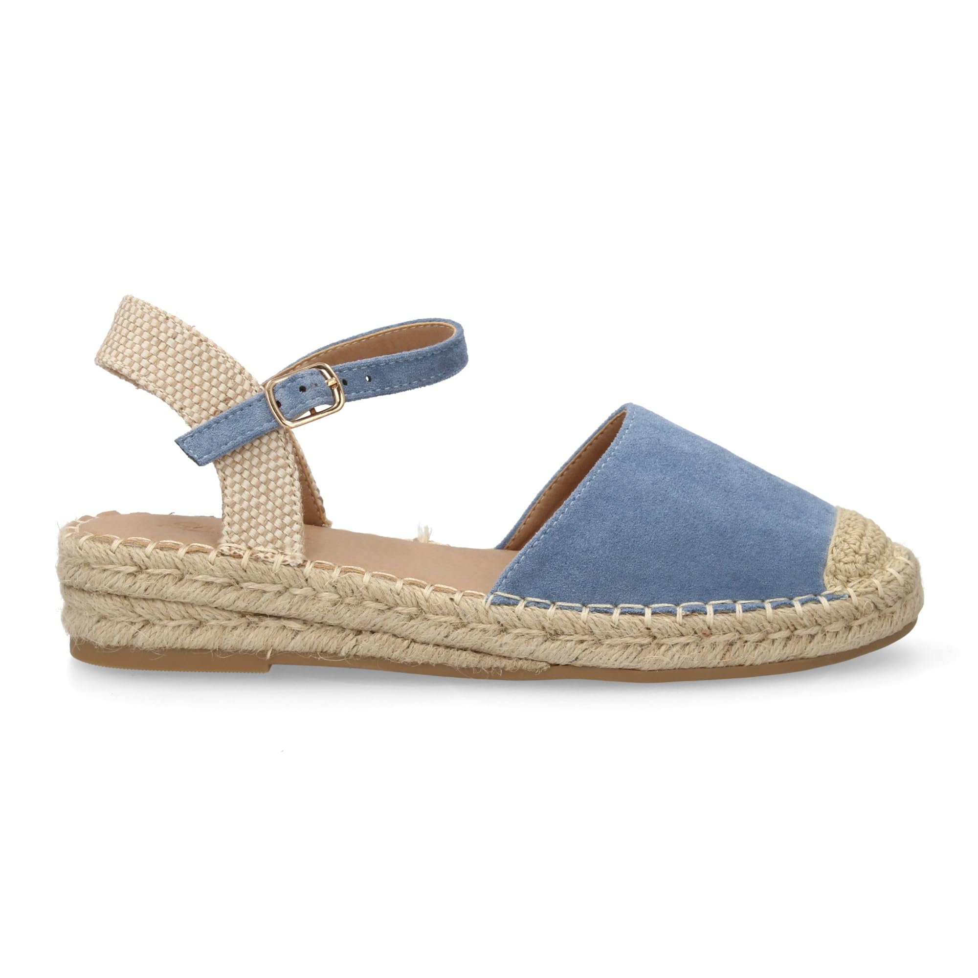 shoes&blues.es Sandalia Alpargata de Mujer con Diseno Abierto, Cuna Ligera de Yute, Esparto. Estampado Liso. Cierre de Hebilla y Punta Cerrada. Ideal Temporada Primavera Verano.