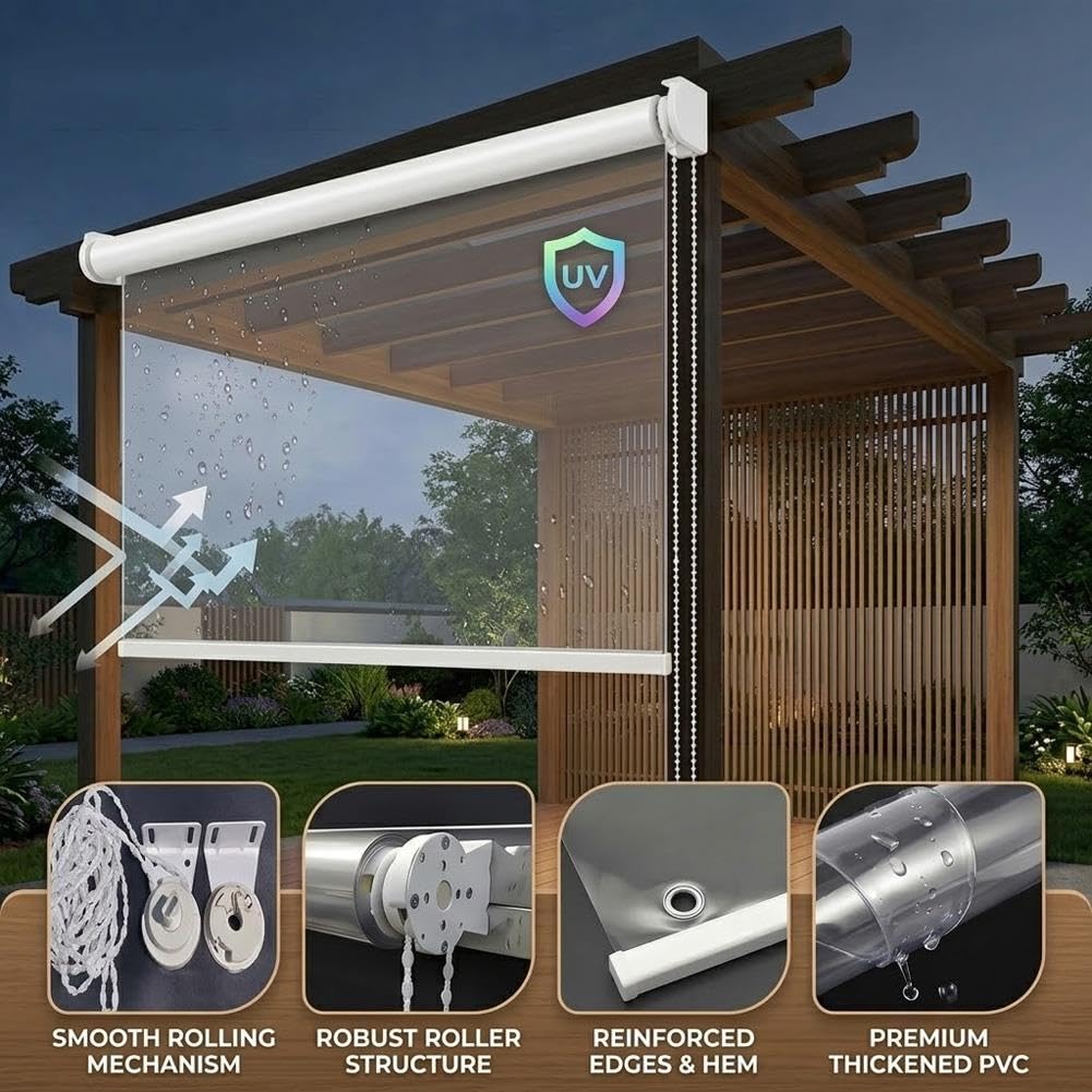 Rideau Transparent Extérieur, Store Enrouleur PVC pour Pergola et Terrasse