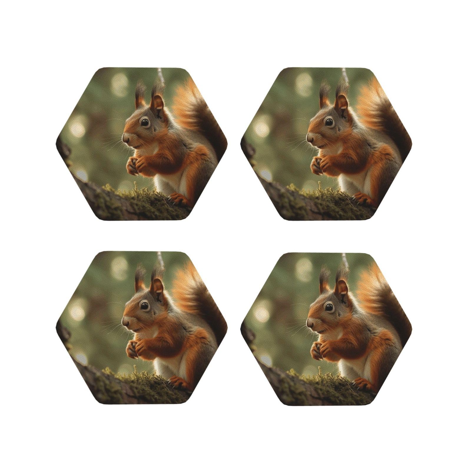 4Pcs PU Leather Coaster for Drinks, Wildlife Forest Squirrel Cup Coastersr 4" Cup Mat Pad, Aesthetic Drink Coasters for Coffee Table, Hexagon Coaster for Tabletop Protection