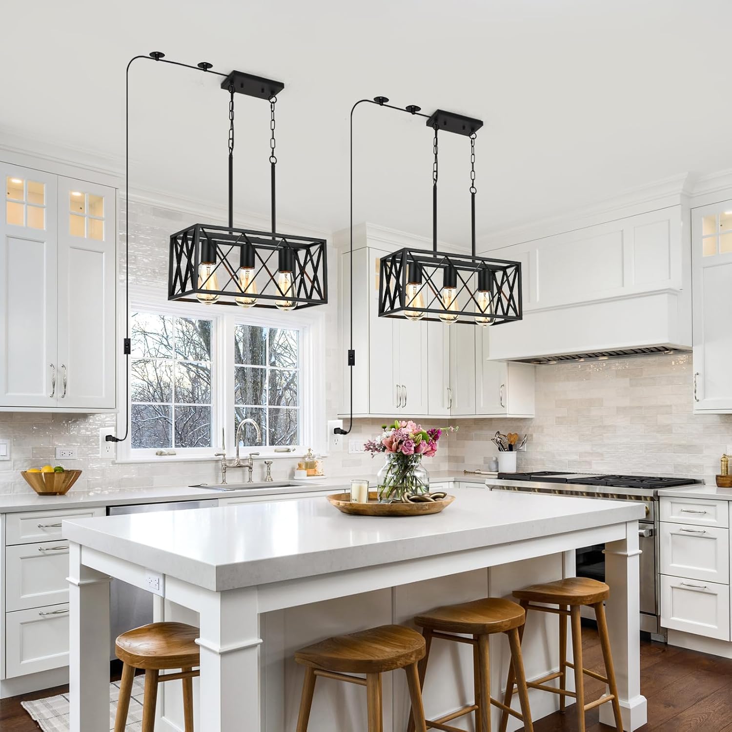Black Plug in Pendant Light，3-Light Dining Room Light Fixture Over Table,Plug in Ceiling Light for Kitchen Sink，Industrial Metal Kitchen Pendant Lighting Over Island.