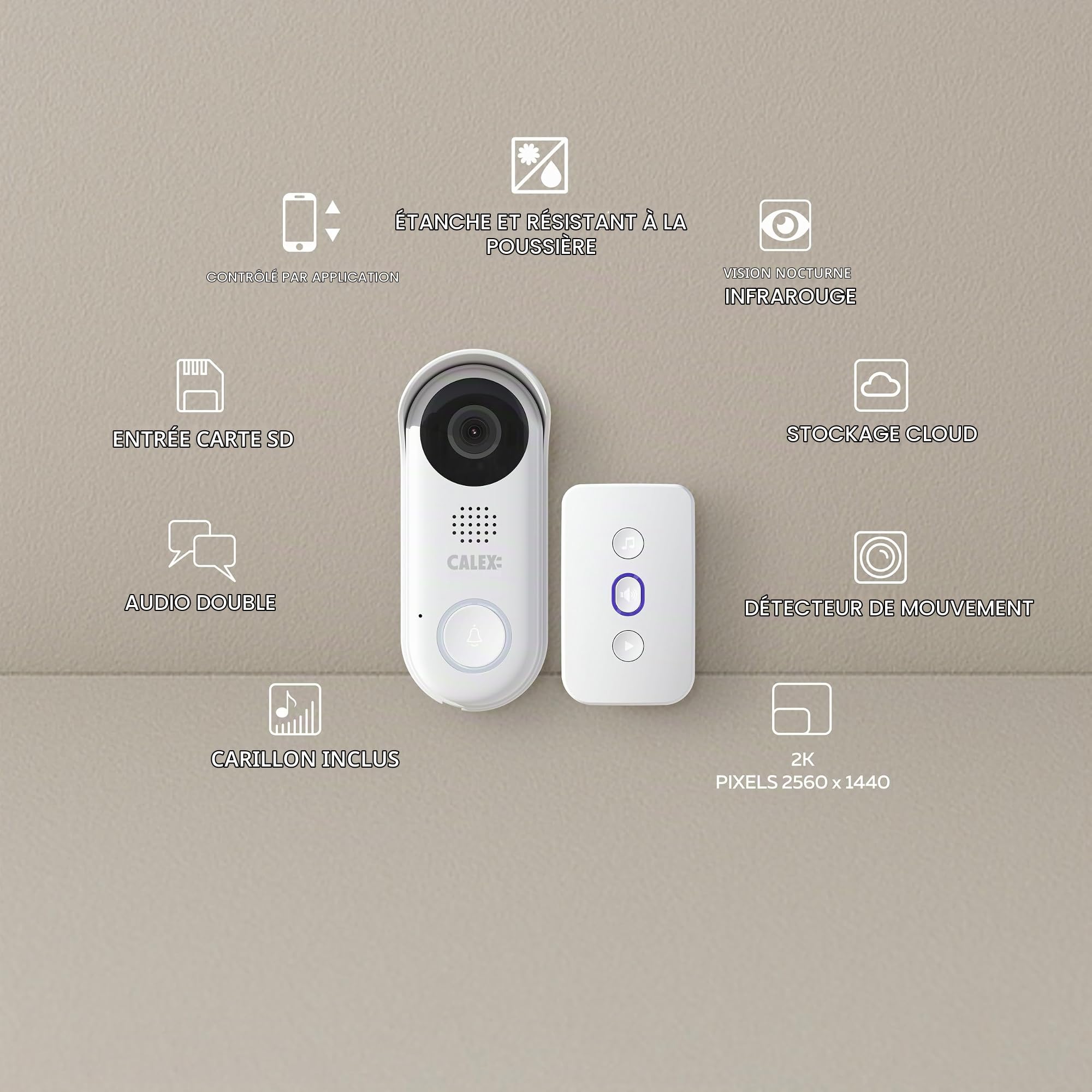 CALEX Sonnette Vidéo avec Caméra, Sonnette Intelligente 2K Câblée avec Carillon, Détection de Mouvement & Fonction Interphone, Sonnette avec Application, Compatible Alexa, Blanc