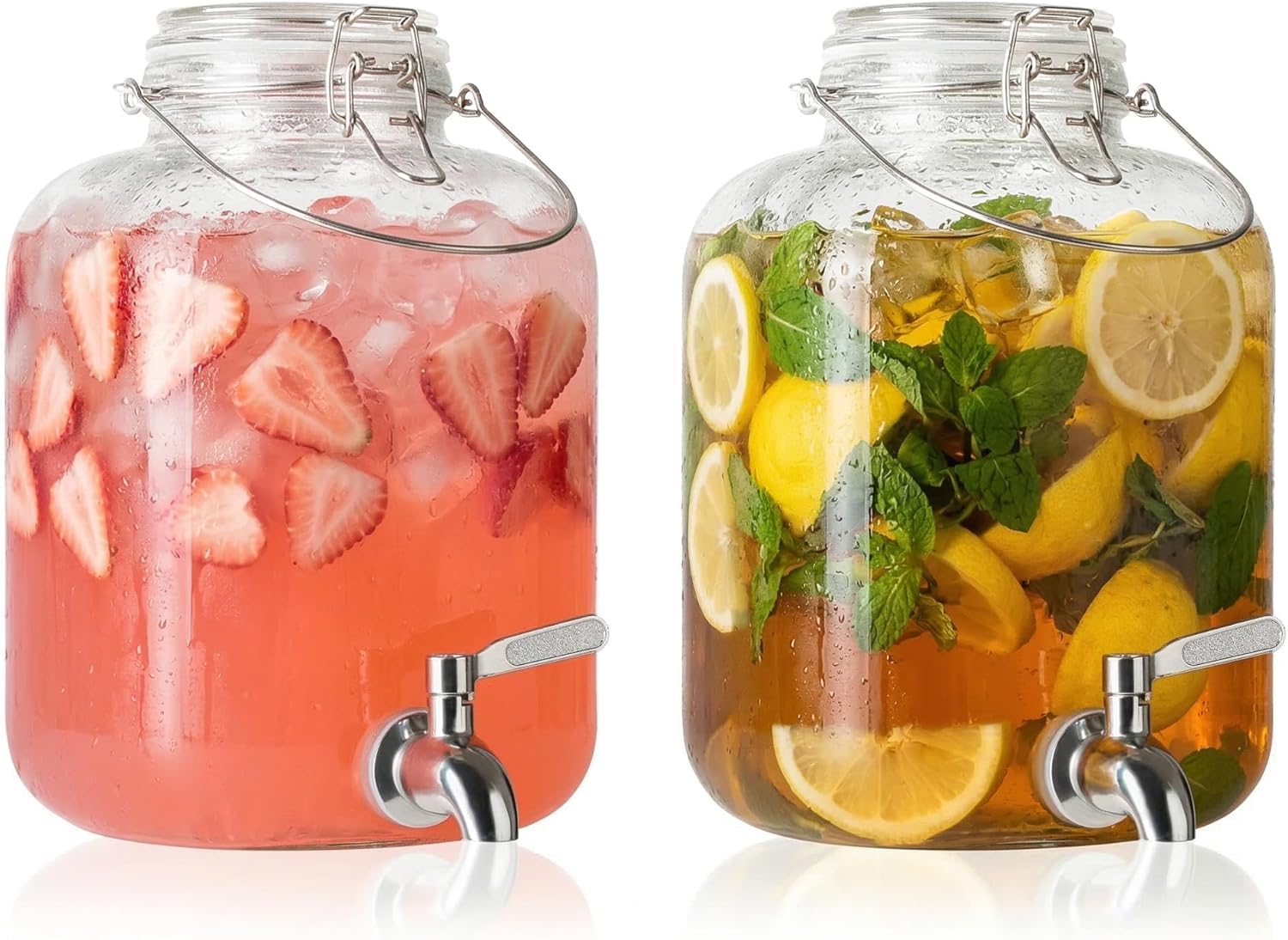 Glass Drink Dispenser for Parties, 1 Gallon Water Dispenser with Stainless Steel Spigot and Handle,Glass Water Dispenser Countertop for Weddings, Lemonade & Laundry Detergent Dispenser (2Pack)