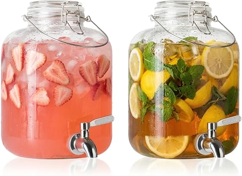 Glass Drink Dispenser for Parties, 1 Gallon Water Dispenser with Stainless Steel Spigot and Handle,Glass Water Dispenser Countertop for Weddings, Lemonade & Laundry Detergent Dispenser 2Pack