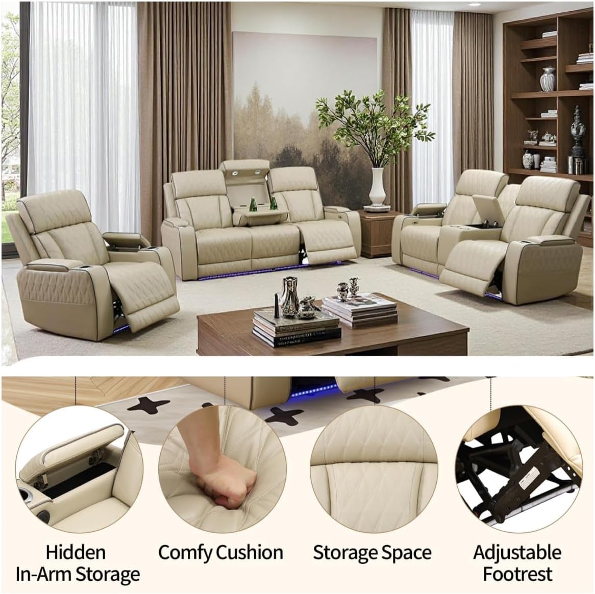 Power Recliner Chair, Leather Recliners with Home Theater Seating, Oversized Single Electric Recliner Sofa Breathable Living Room Chairs for Adults Reading Gaming, Khaki