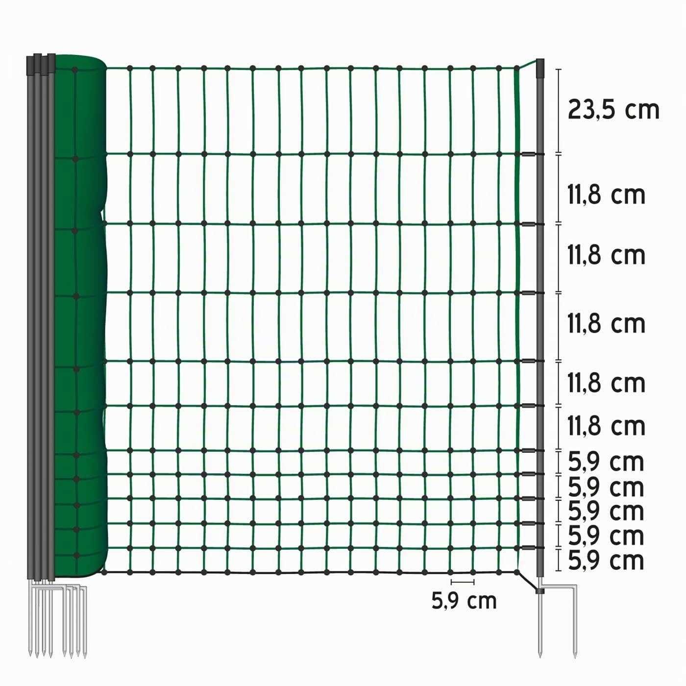 VOSS.farming Red para gallinas “farmNET”, Rollo de 25m de Longitud y 112cm de Altura, 9 Postes con Punta Doble y Kit de reparación, Verde, no electrificable
