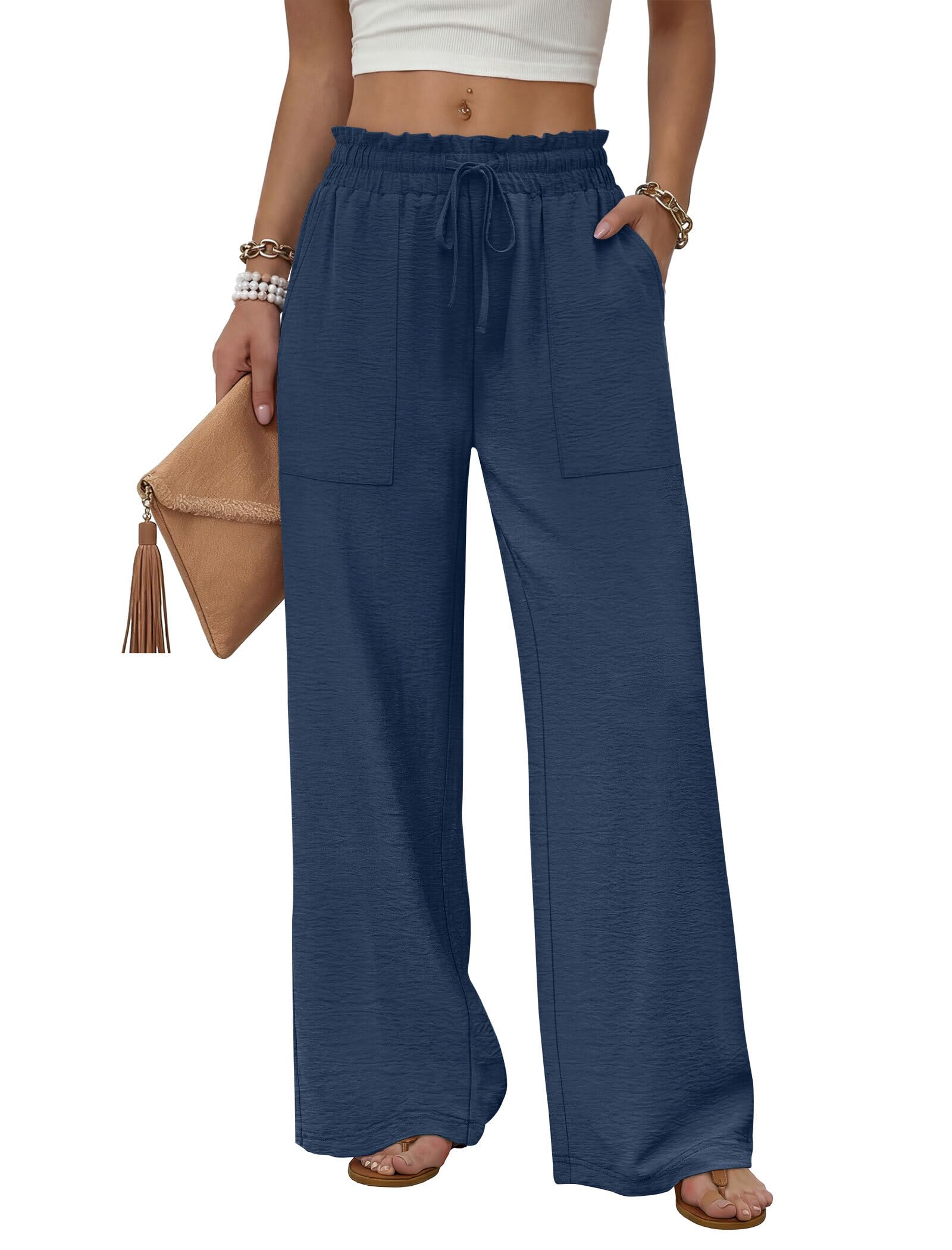 WIHOLL Women's Wide Leg Pants with Pockets Drawstring Loose Trousers Business Work Pants Summer Beach Vacation Clothes — view 15