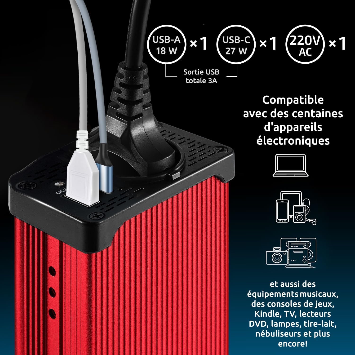 Odoga Convertisseur 12V 220V Voiture – Transformateur 300 W, Onduleur, 3A Port USB-C et USB-A, Convertisseur de Tension, Recharger Votre Ordinateur Portable, Ipad, Iphone et Plus