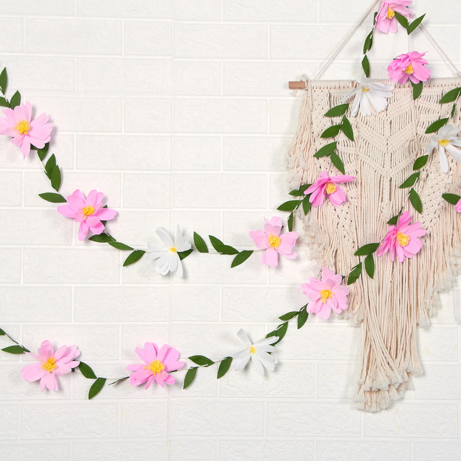 EASY JOY Crepe Paper Flowers Banner White Gradient Pink Flower Banners Spring Hanging Paper Floral Leaves Garland for Spring Birthday Wedding Home