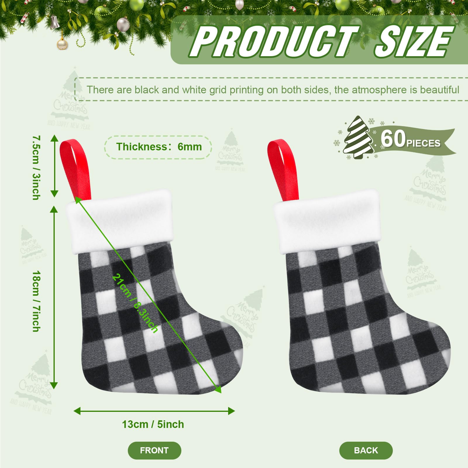 Lot de 60 mini chaussettes de Noël en peluche à carreaux de buffle - Décoration de Noël classique pour la maison, la fête, la cheminée