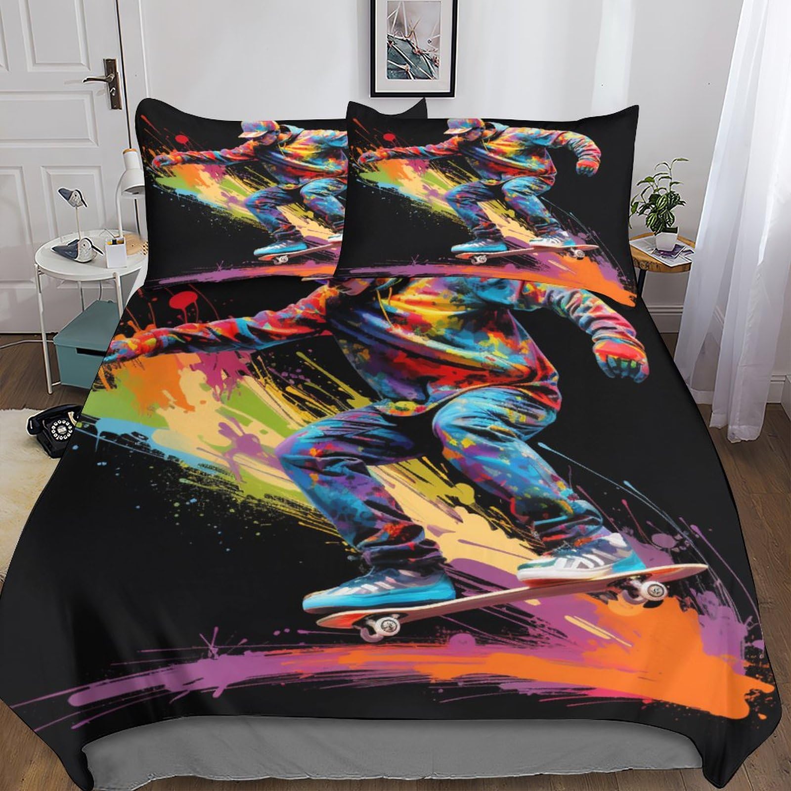 Parure de lit skateboard en microfibre 3D avec housse de couette 220x240 cm et taies