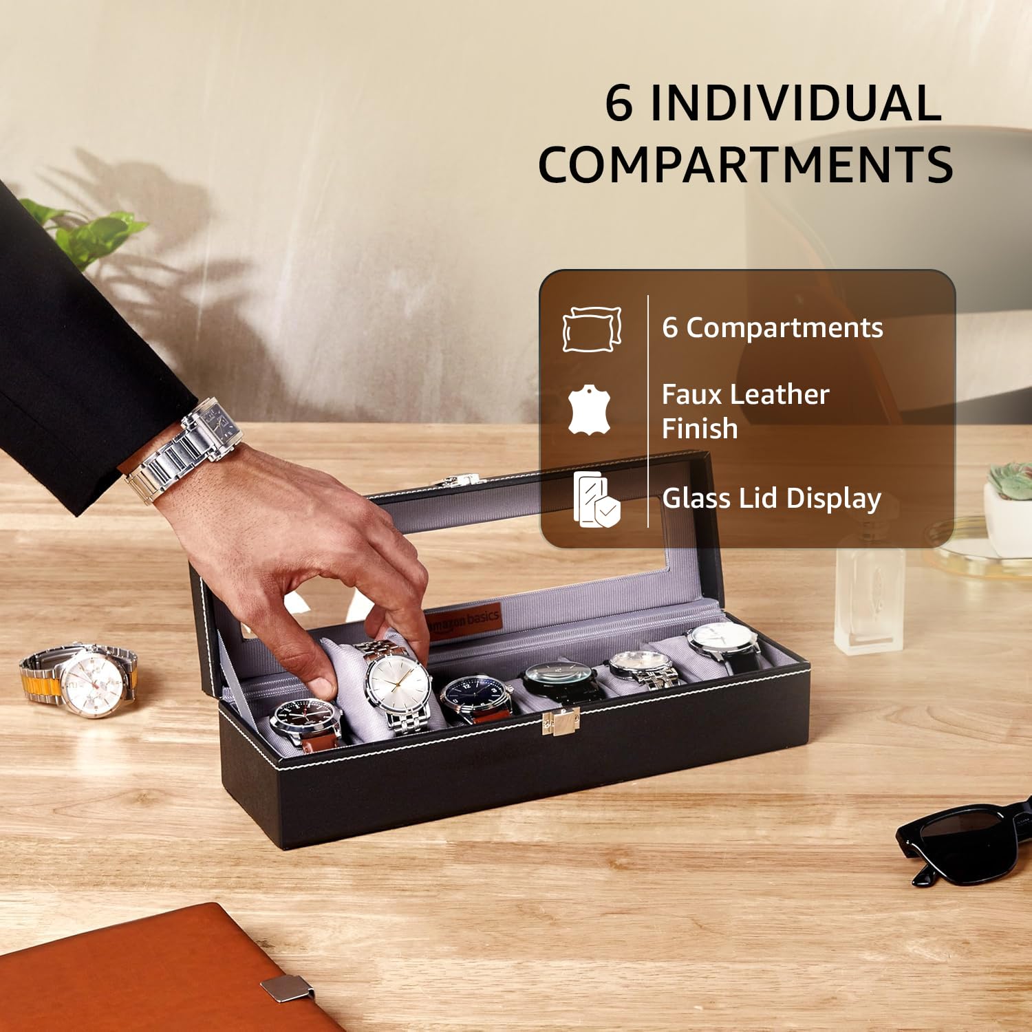 Unisex Faux Leather Watch Organiser Box with 6 Slots |Watch Organiser with Transparent Lid (Black) 1