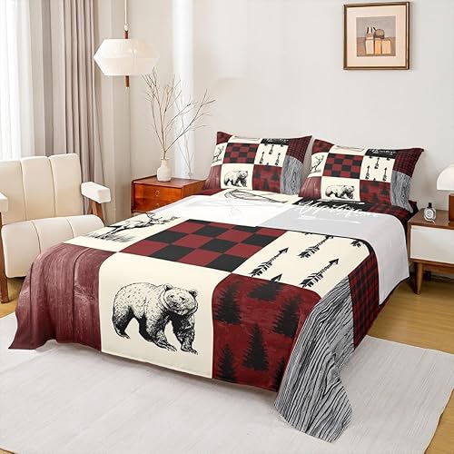 Rustic Lodge - Juego de sábanas tamaño individual con diseño de oso y alce, diseño de retazos, color rojo y negro, a cuadros, ropa de cama de