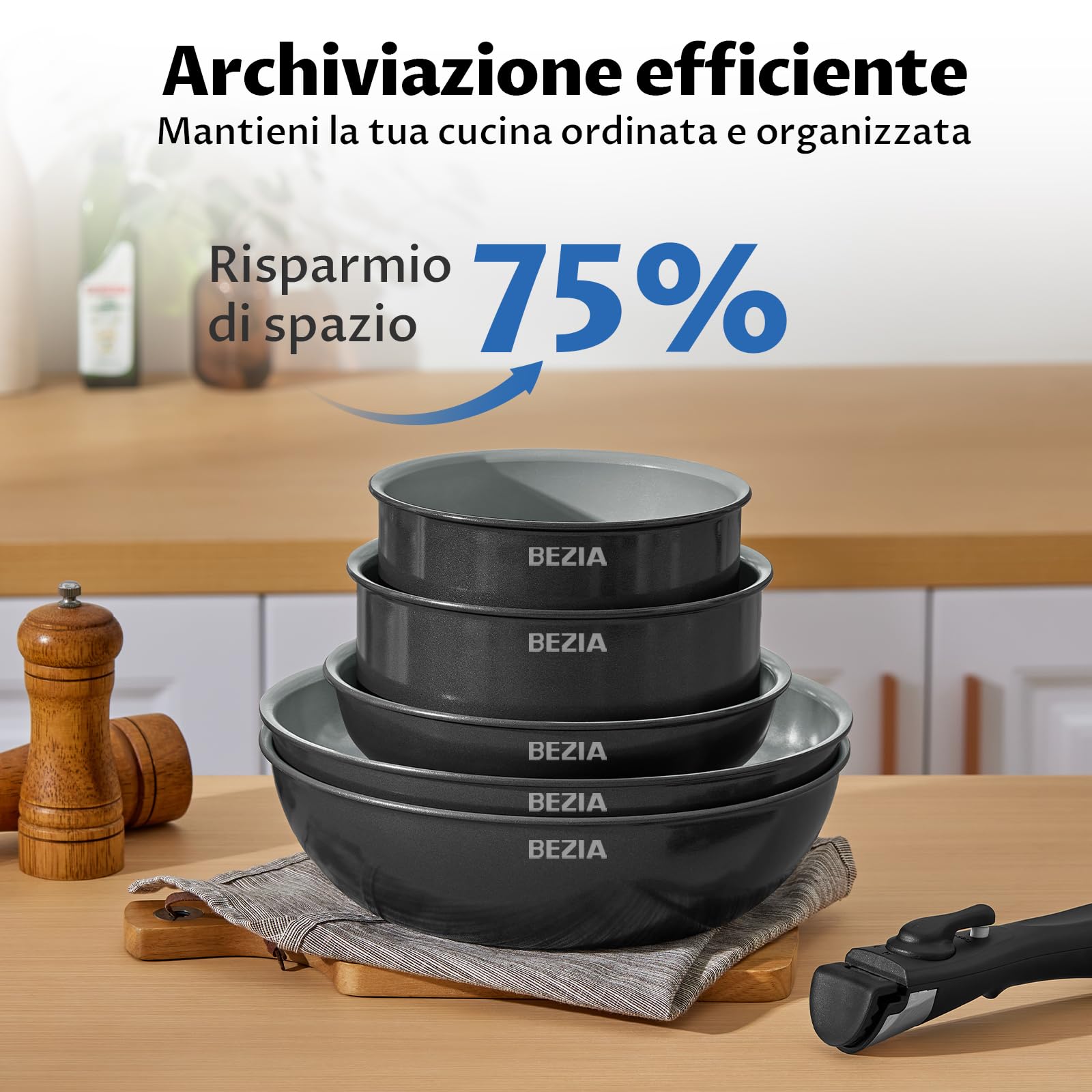 BEZIA Set Pentole Induzione 13 Pz, Batteria Pentole Ceramica Antiaderente | Padella Senza PTFE e PFOA, Manico Removibile, Adatto a tutti i tipi di piano cottura, Impilabile e Lavabile in Lavastoviglie