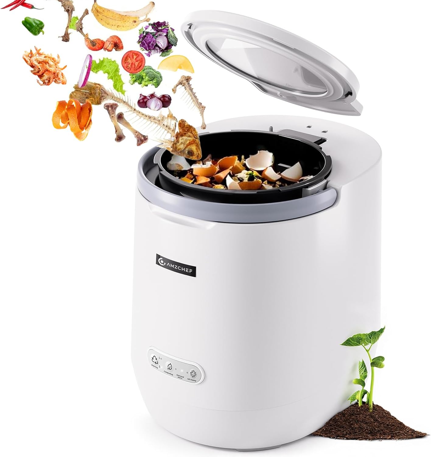 AMZCHEF Electric Composter for Kitchen, 4L Countertop Compost Bin Machine - Fast 4-Hour Food Waste to Fertilizer, Odorless Auto-Cleaning Quiet Eco-Friendly Home Composting for Indoor Use