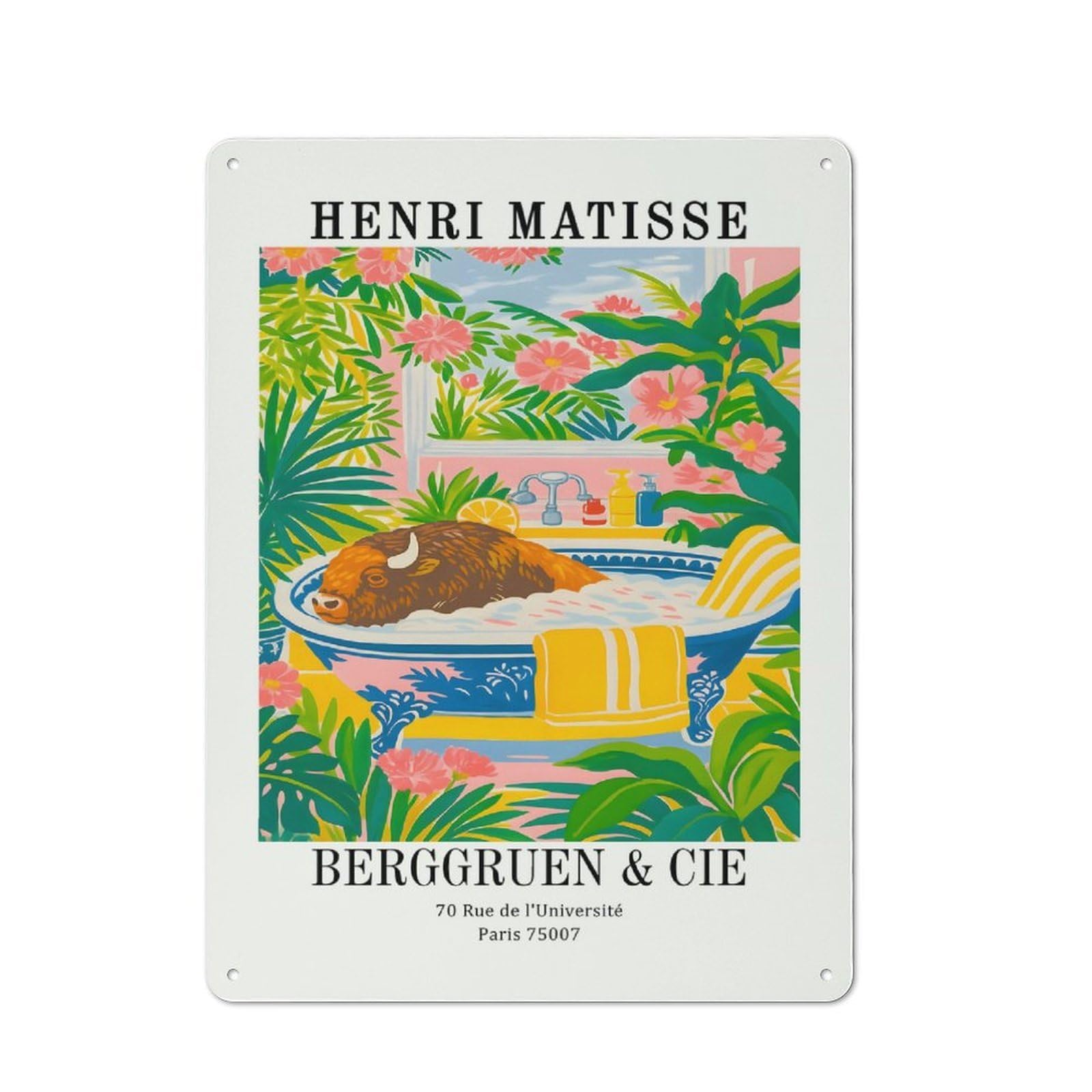 Rustic Henri Matisse Buffalo in Bathtub Rustic Tin Sign 40x30cm, Porch Wall Decor for Greenhouse, Garden Room, Cafe Or Entryway