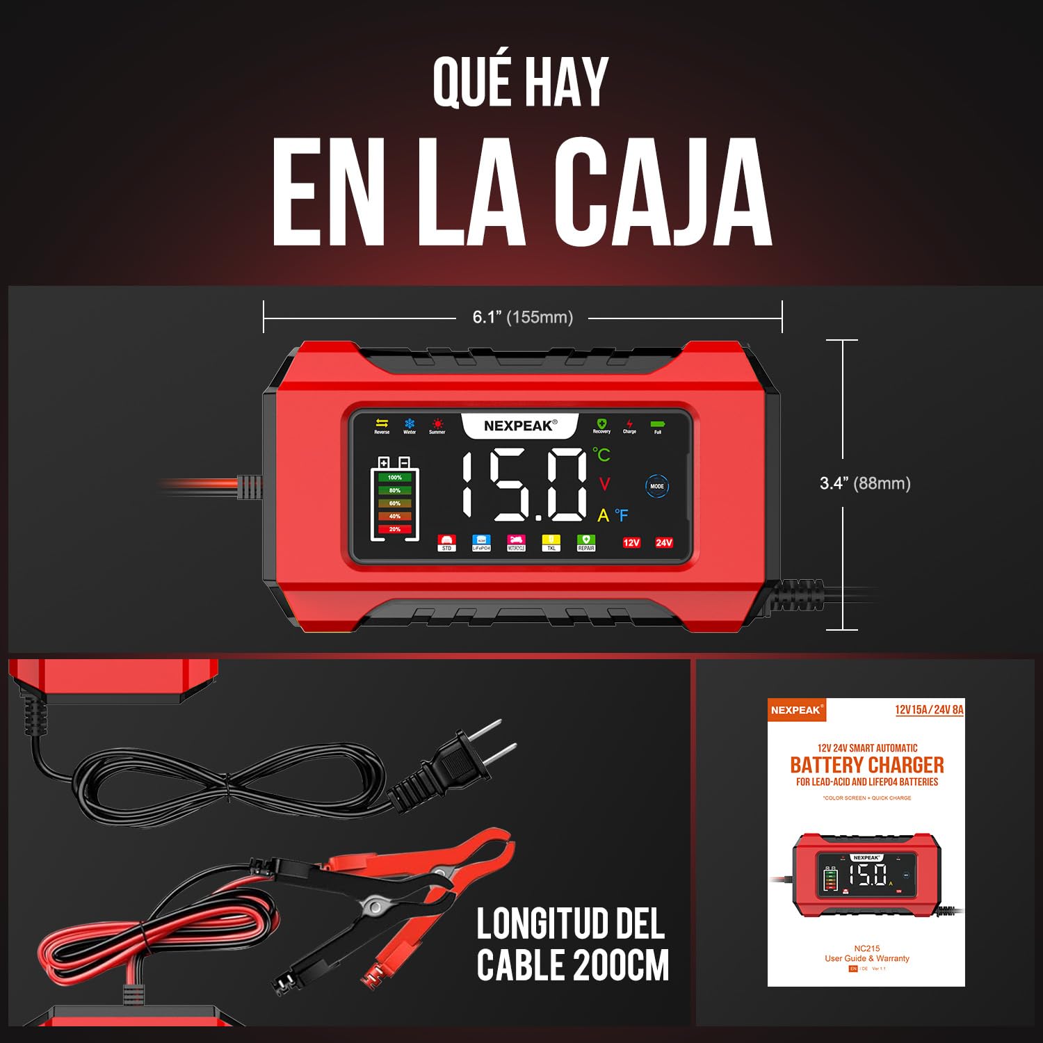 NEXPEAK NC215 Cargador de Batería 15A para Coche, 12V 24V LiFePO4 Portátil 9-Etapas Inteligente - Camión, Moto, Cortacésped, Barco, Marina