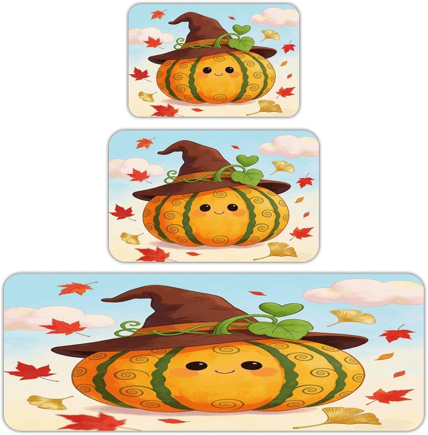 Autumn Pumpkin Kitchen Rugs Sets of 3 Non Slip Kitchen Mat for Floor Comfort Standing Rug and Mats Thick Cushioned Long Area Carpets for Laundry Room Entryway