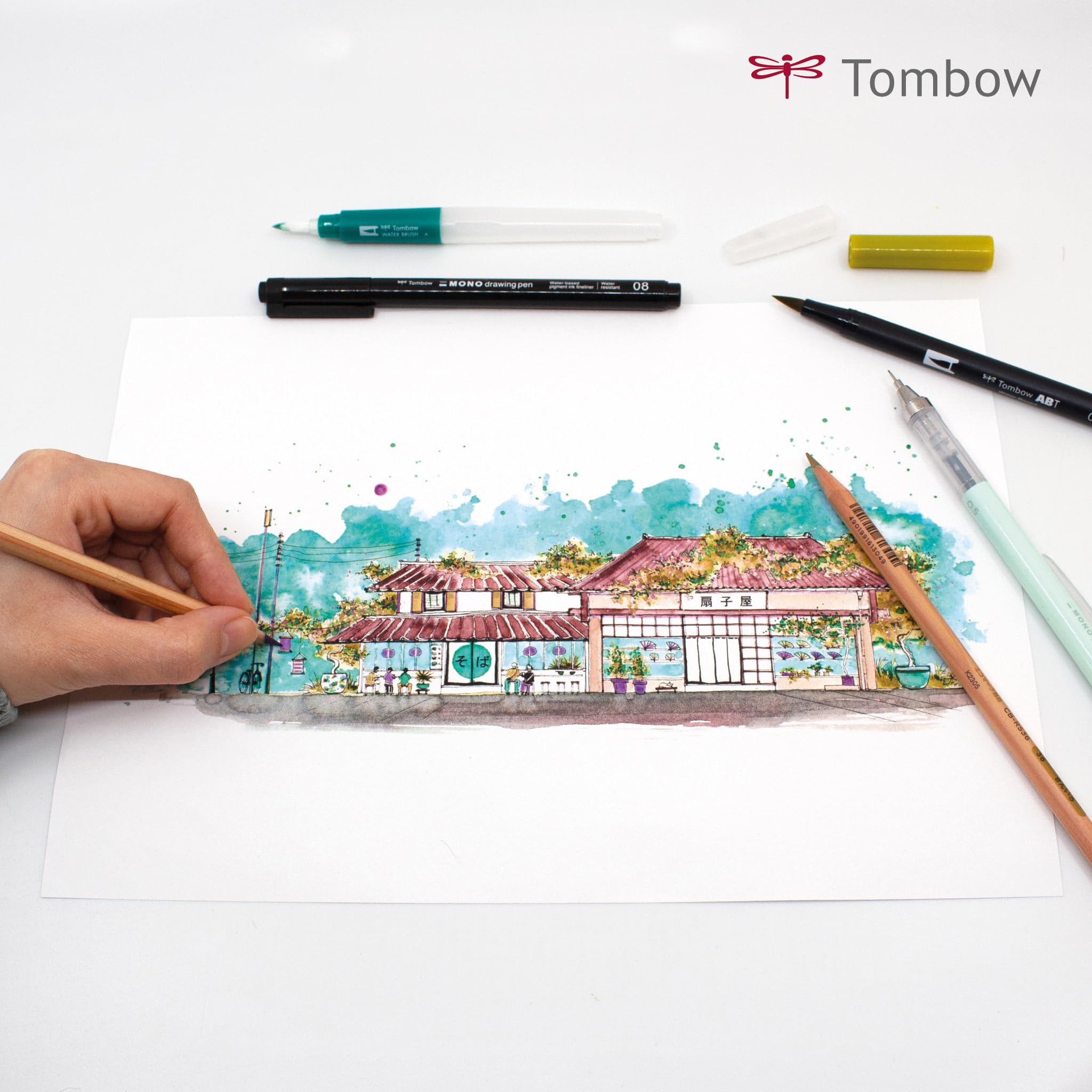 Tombow Urban Sketching Set Japan Edition, matite artistiche di alta qualità e istruzioni, pennelli e waterbrush per acquerelli, scatola in metallo per la conservazione [URBAN-SET2]