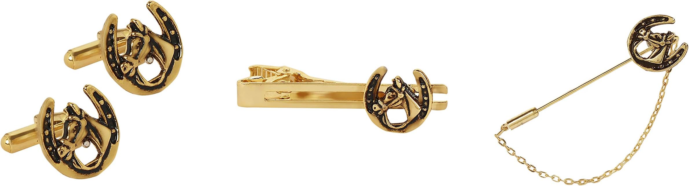 Paranoid Golden Horse Shoe Men's Cufflinks,Tie Pin & Brooch Set