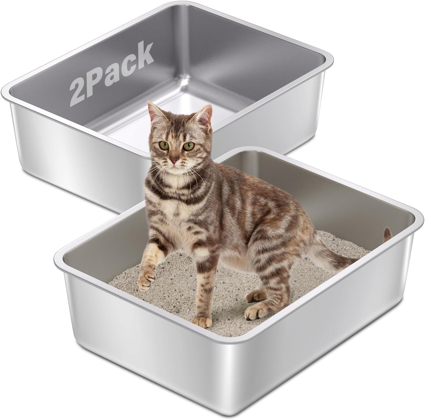 Stainless Steel Cat Litter Box 2Pack,Medium Metal Cat Litter Box,Steel Litterbox for Kitty or Rabbits, Easy to Clean,Non Stick, No Smell(17.7″ L x 13.7″ W x 6″ H).