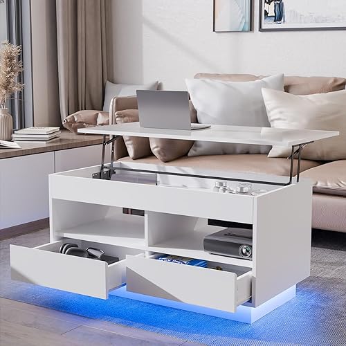 Miniatura 10 de HOMMPA Mesa de centro elevable de 40 pulgadas para sala de estar, mesas de centro blancas con almacenamiento, mesa de centro moderna LED rectangular