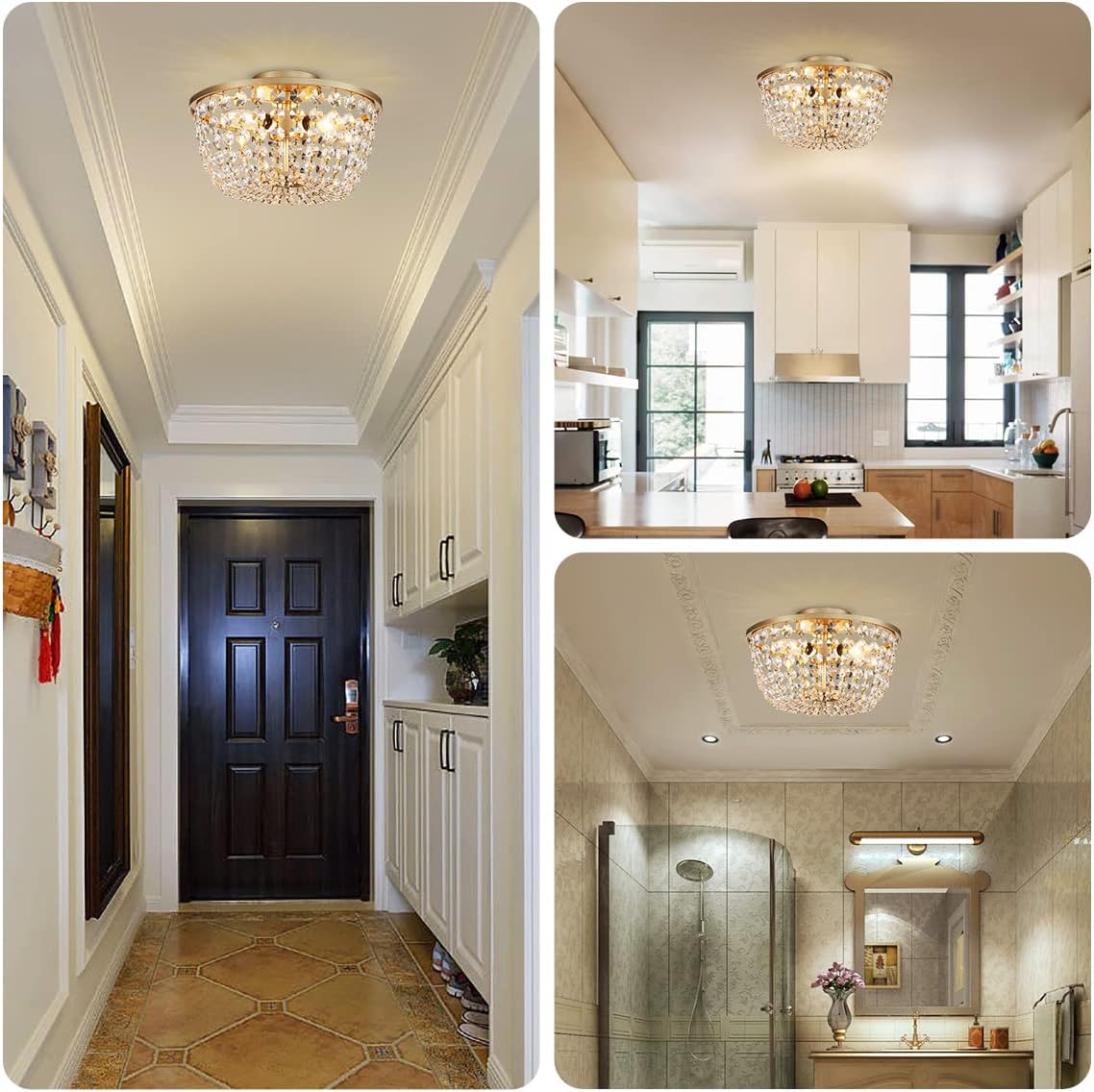 WUZUPS Crystal Chandelier Semi-Flushmount Ceiling Light Modern Lighting Fixture for Bedroom Hallway Bar Kitchen Bathroom, H 8.4" x W 13", Gold, E12 Base