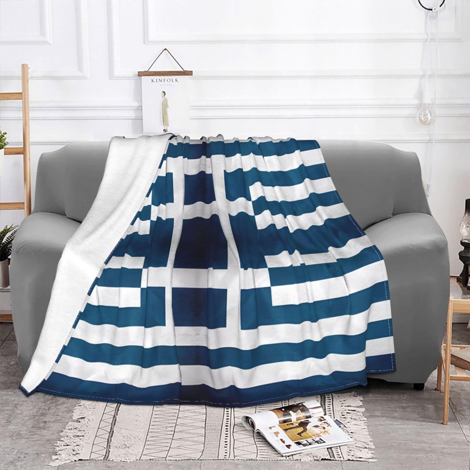 Manta de viaje portátil de 80 x 60 pulgadas, suave, resistente a las arrugas, plegable, exquisito estampado de bandera griega