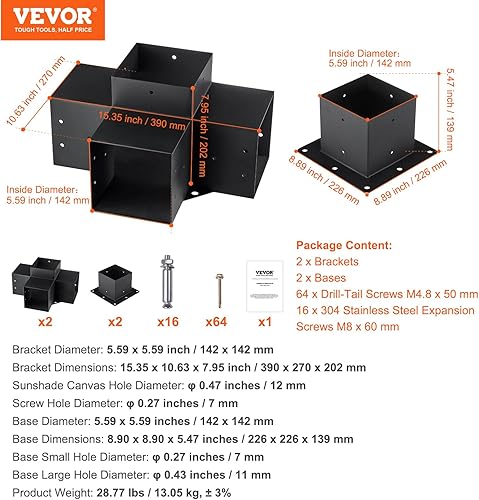 Miniatura 7 de VEVOR Kit de soporte para pérgola de 6 x 6 pulgadas, 4 piezas de soporte de esquina resistente de 4 vías, kit de base de poste de carpintería, vigas