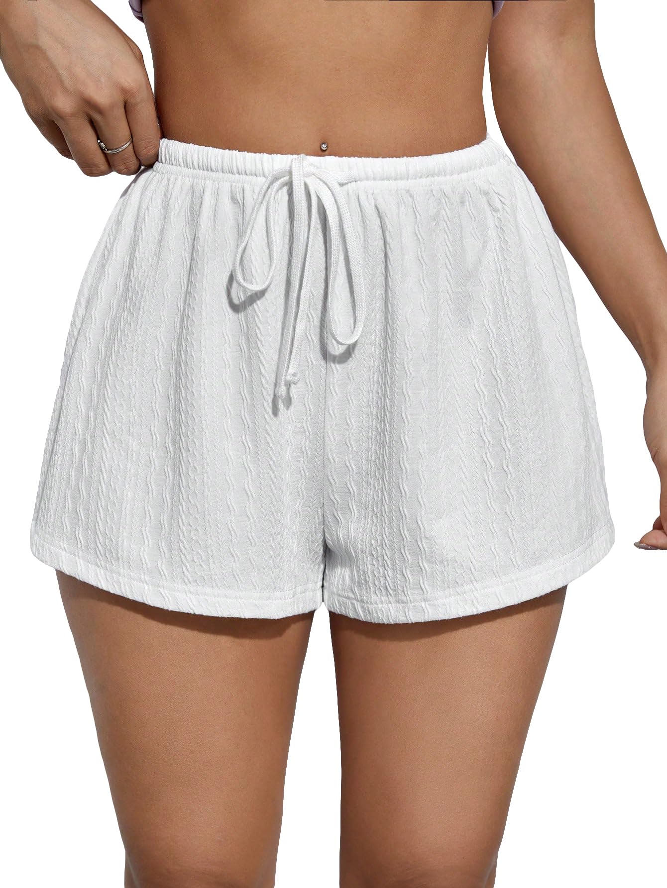 Photo 1 of (large)Floerns Women's Textured Drawstring Waist Wide Leg Shorts Summer Casual Loose Shorts White Large