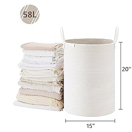 VIPOSCO Tall Laundry Basket, Large Dirty Clothes Hamper with Leather Handle, Woven Rope Storage Basket for Blanket, Toy In Living Room, Bathroom, Bedroom - 58L White
