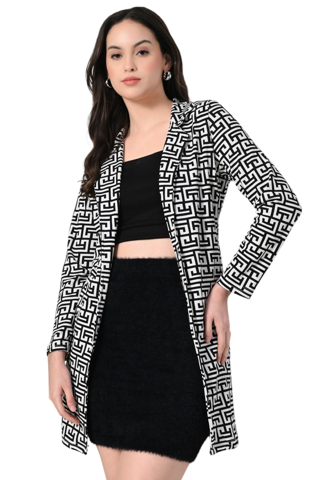 Women's Long Black & White Geometric Print Shrug