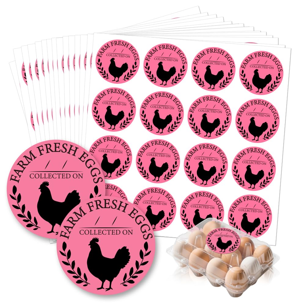 GOMAKERER 320 Pcs Farm Fresh Eggs Carton Labels, Pink Round Egg Handling Stickers Fresh Laid on Stickers PET Adhesive Egg Packaging Sticker for Box