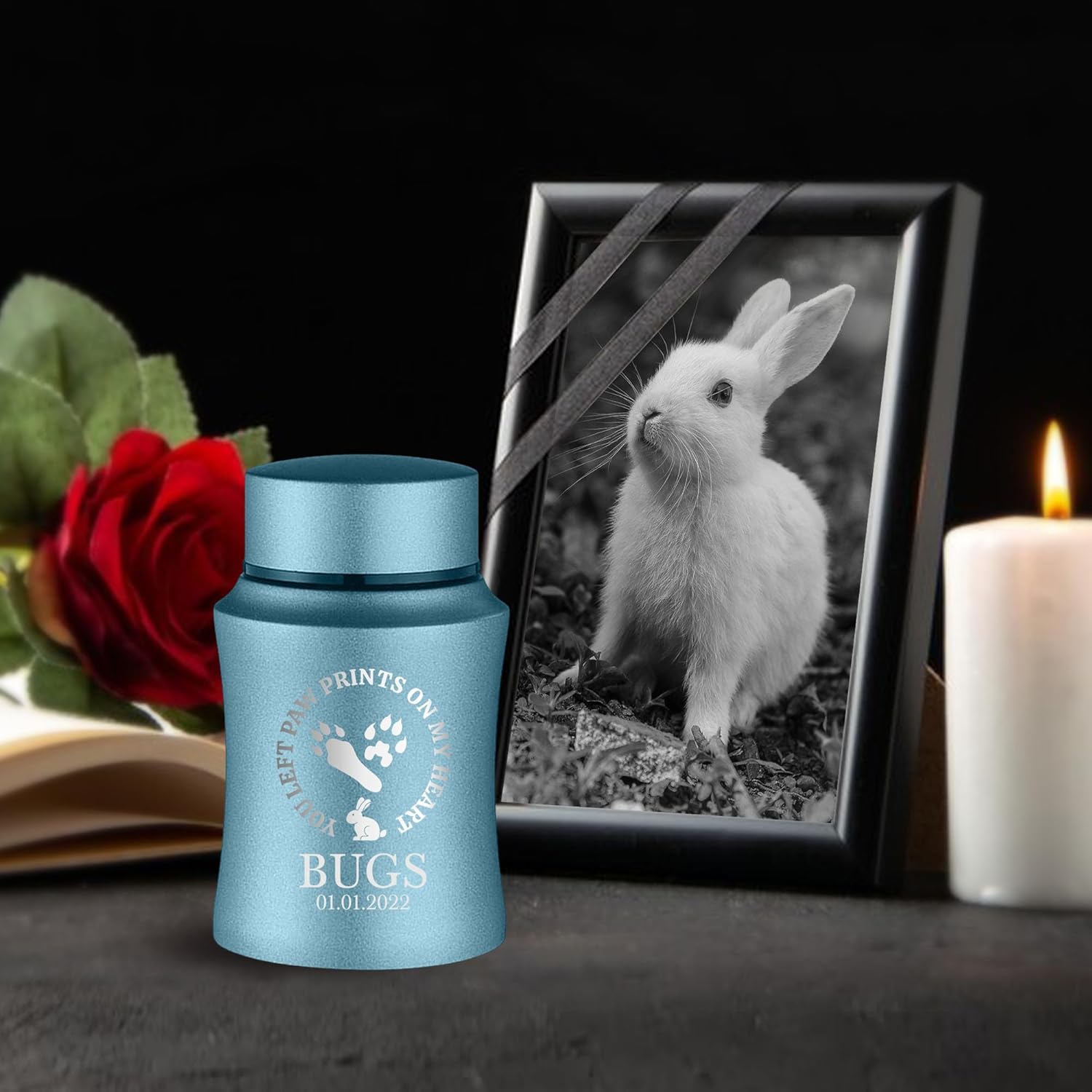 Customized Small Keepsake Rabbit Urn Personalized Engraved with Rabbit Name and Text - 4" Steel Cremation Mini Compact Urn for Rabbit Ashes, Powder Blue, 5–10 lb Capacity | Rabbit Paw Print