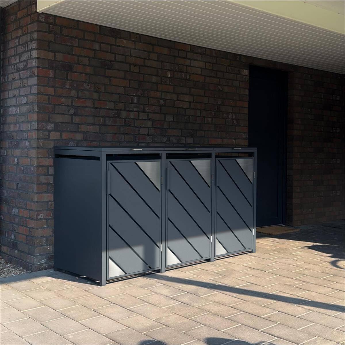 Metzler Mülltonnenbox 3er 240L Anthrazit mit Edelstahl Akzenten | Mülltonnenverkleidung für 3 Tonnen aus verzinktem Stahl | wetterfest mit Automatikdeckel und Soft Close