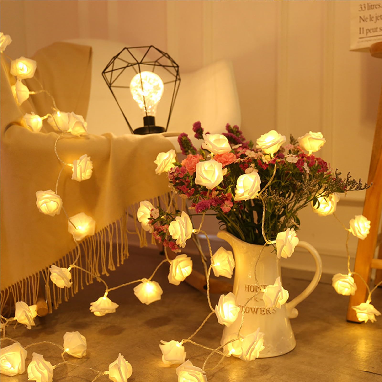 ENLACE Rosen Lichterkette, 1,5 M 10 LED Lichterkette mit Weißen Rosen, Rosenkette Frühling Lichterketten Blumengirlande mit Licht Warmweiß, für Party, Garten, Weihnachten, Hochzeit Beleuchtung