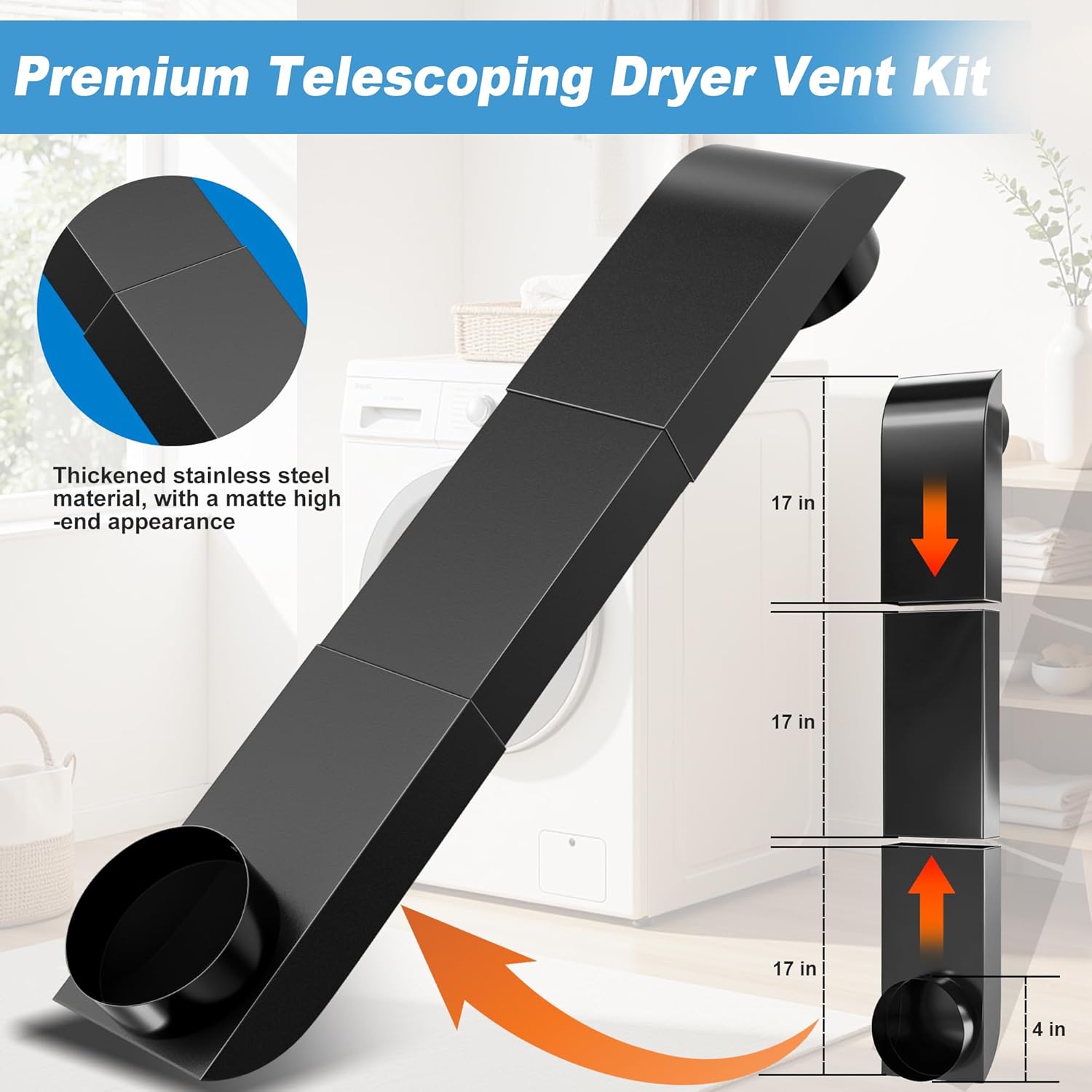 4" Upgraded Periscope Dryer Vent, 29-45" Adjustable Telescoping Dryer Vent Kit, Stainless Steel Slim Flat Low Profile Design for Tight Spaces, Includes Foil Tape for Laundry Venting