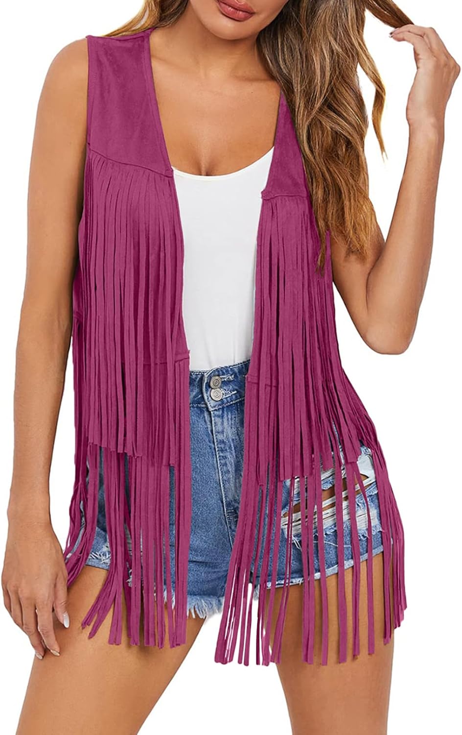 Dokotoo Womens Fringe Vest 70s Hippie Costume Sleeveless Cowgirl Western Outfits Faux Suede Tassel Leather Outerwear