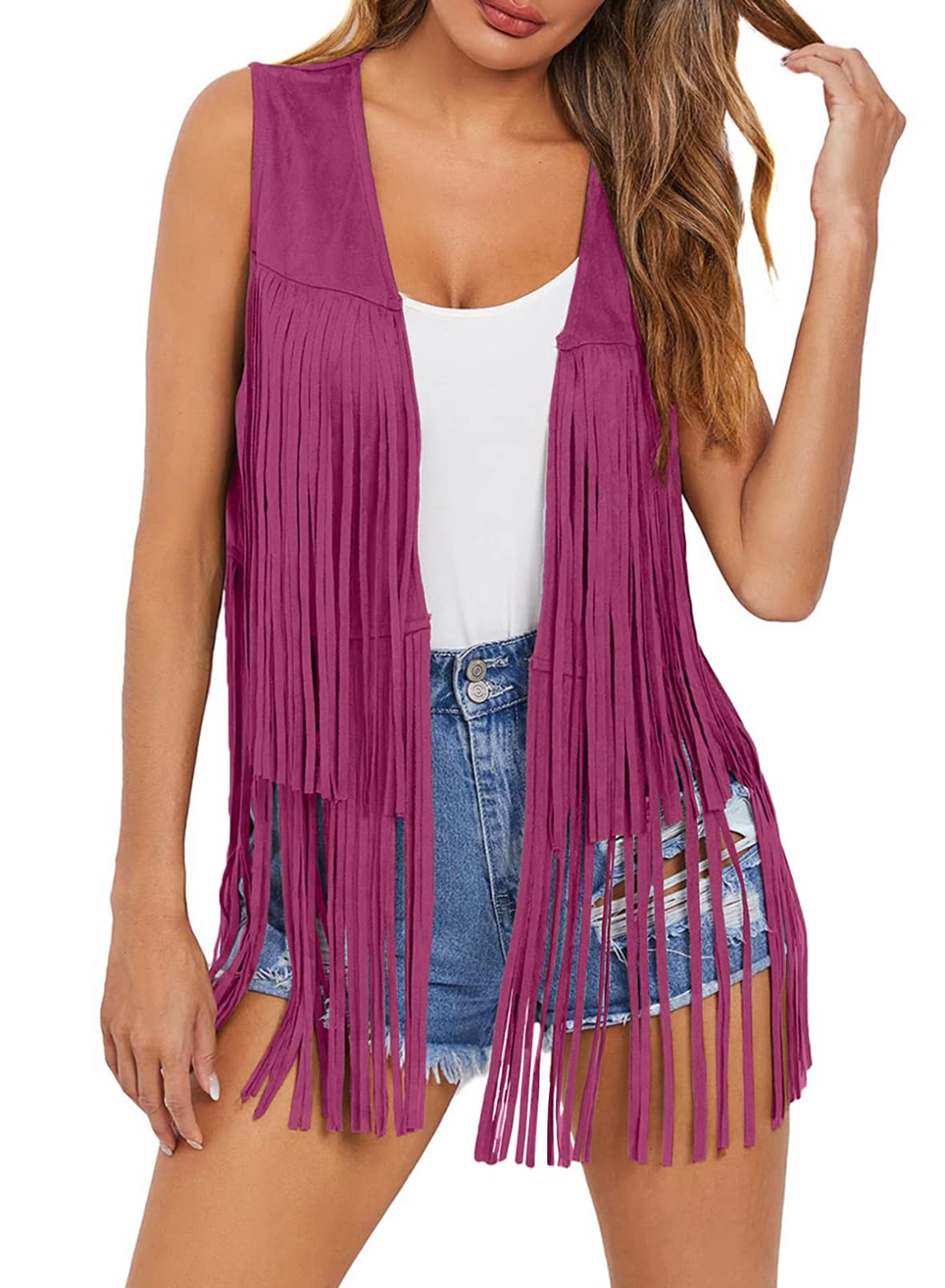 Dokotoo Womens Fringe Vest 70s Hippie Costume Sleeveless Cowgirl Western Outfits Faux Suede Tassel Leather Outerwear