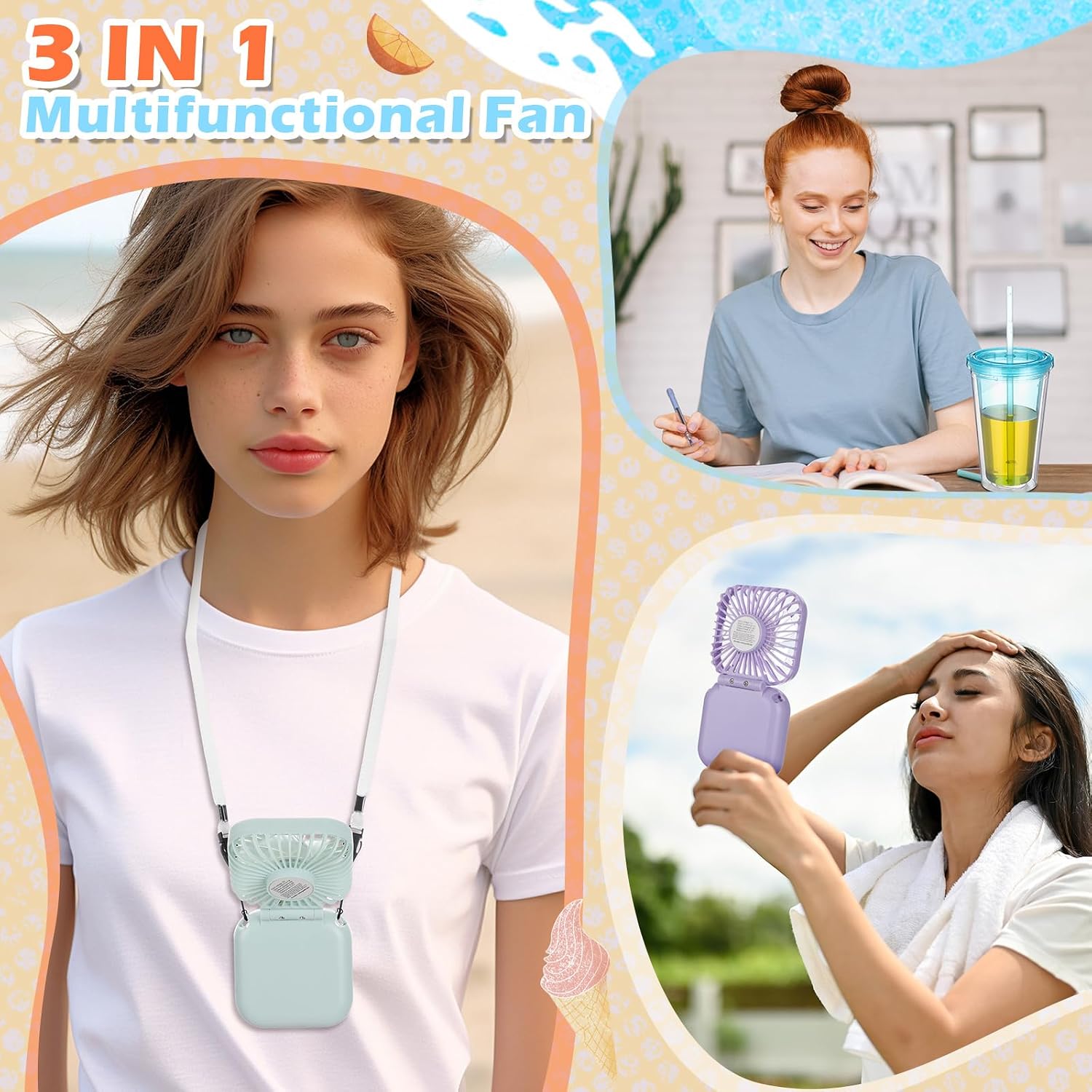 Skylety 12 Pcs Necklace Fans and Insulated Tumbler Set Portable USB Handheld Mini Necklace Fan with 3 Speed and 16 oz Insulated Double Wall Plastic Cups with Lid Straw for Women Men Summer Travel