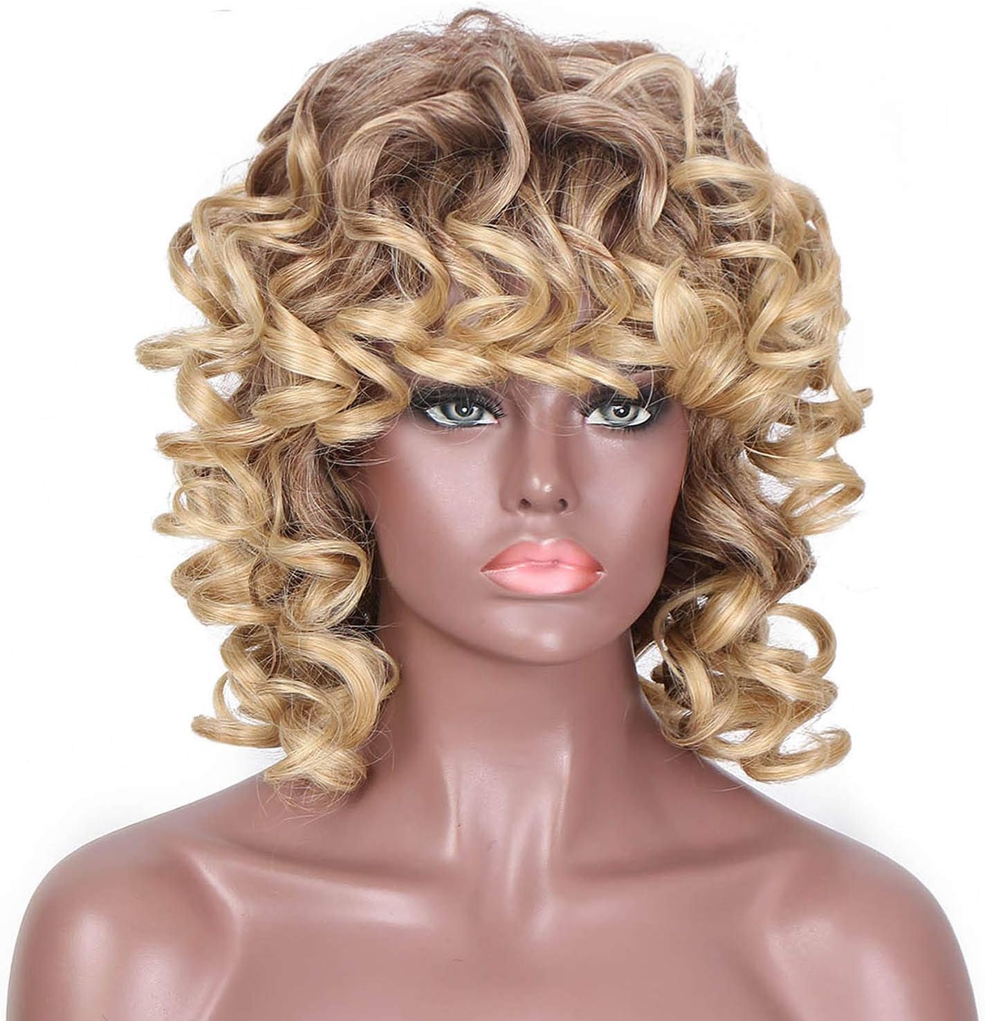 ELIM Curly Wigs for Black Women 14'' Short Mixed Gold Bob Soft Hair Wigs with Bangs Kinky Wavy Synthetic Natural Afro Heat Resistant Wig with Comfortable Wig Cap 250g Z014G