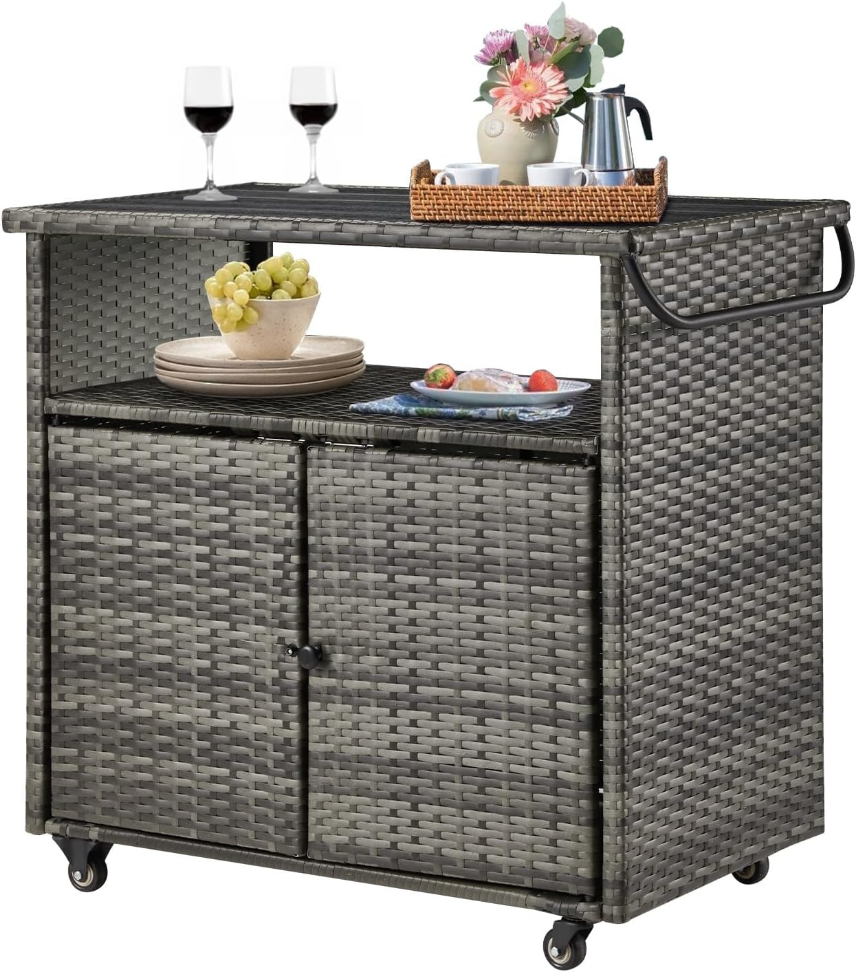 Outdoor Bar Cart, Patio Storage Grill Cart with Handles, Waterproof Liner and 4 Universal Wheels, Fade-resistant PE Rattan Storage Box for Cushions, Gardening Tools, Outdoor Deck Box, Gray