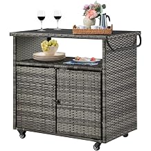 Outdoor Bar Cart, Patio Storage Grill Cart with Handles, Waterproof Liner and 4 Universal Wheels, Fade-resistant PE Rattan Storage Box for Cushions, Gardening Tools, Outdoor Deck Box, Gray