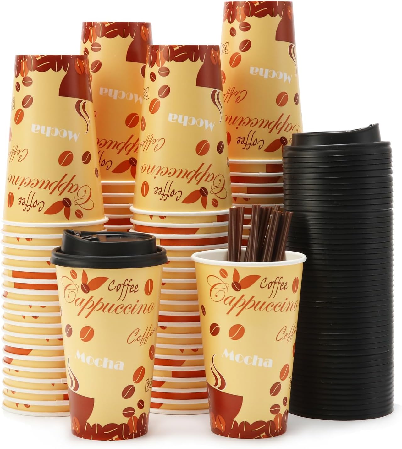 Tamone TACC 100 PACK 16OZ Thanksgiving Cups Disposable Coffee Cups with Lids and Stirrers, To Go Coffee Cups with Lids Leak Proof, Coffee Design Brown Paper Cups for Cold/Hot Beverage Chocolate Cocoa