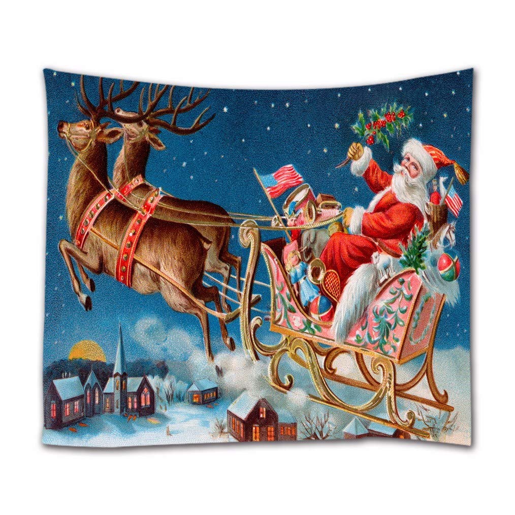 A.Monamour Santa Claus Reindeer Pulling Sleigh Above Village On Snowy Christmas Eve Holiday Decors Print Fabric Wall Hanging Tapestry Wall Decors For Bedroom Living Room 130X153Cm/51 X60